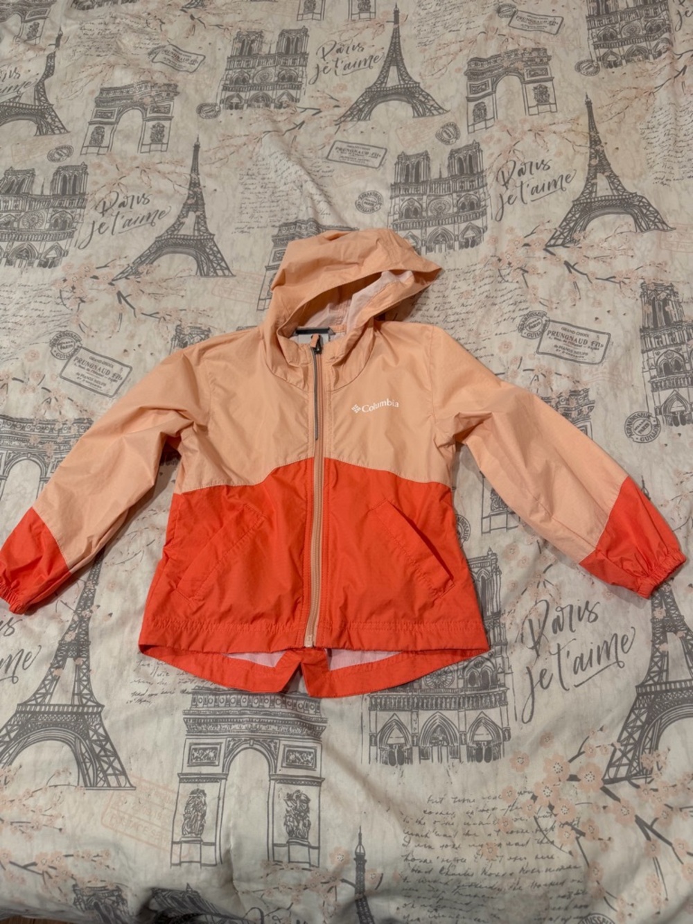 Columbia Kids Peach and Coral Colorblock Hooded Rain Jacket XXS 4-5